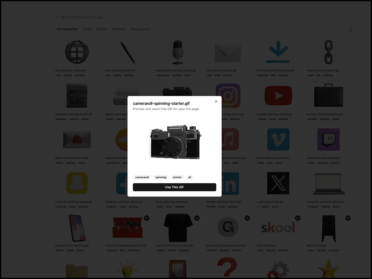 Focused view of a selected animated icon