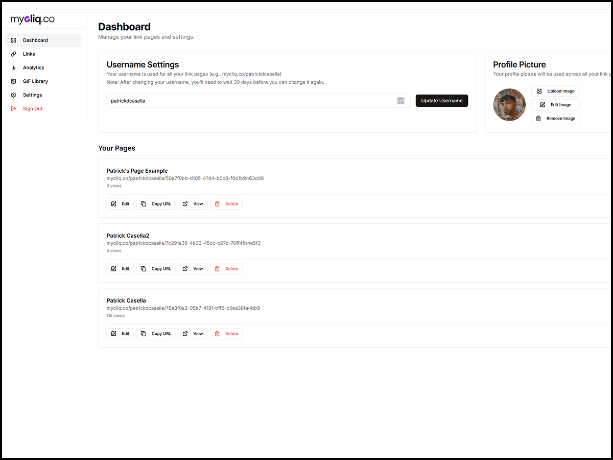 MyCliq.co Dashboard Interface
