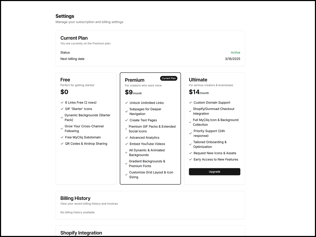 MyCliq.co Settings Tab Interface